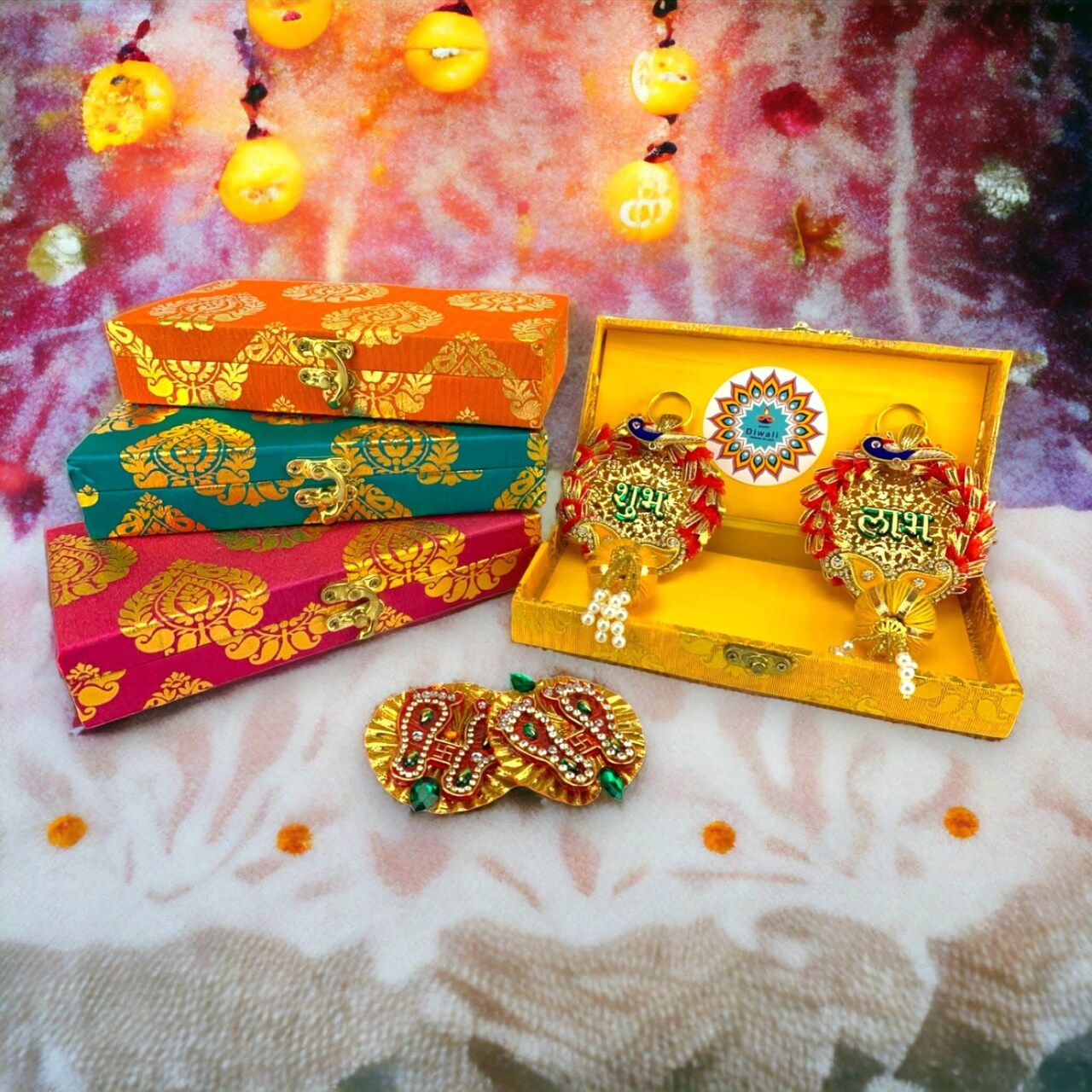 Personalized Diwali Gifts Hamper Shubh Labh Rajasthani Brocade Design Gift Box Indian Festival Diwali Hamper Basket for Employees Home Office Friends Family - Corporate Return Gift Items